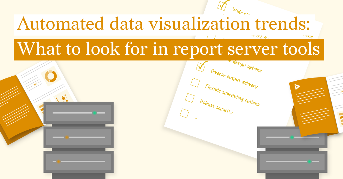 The image features an orange, grey and white color scheme. The image shows two servers with two reports with a checklist in the background.