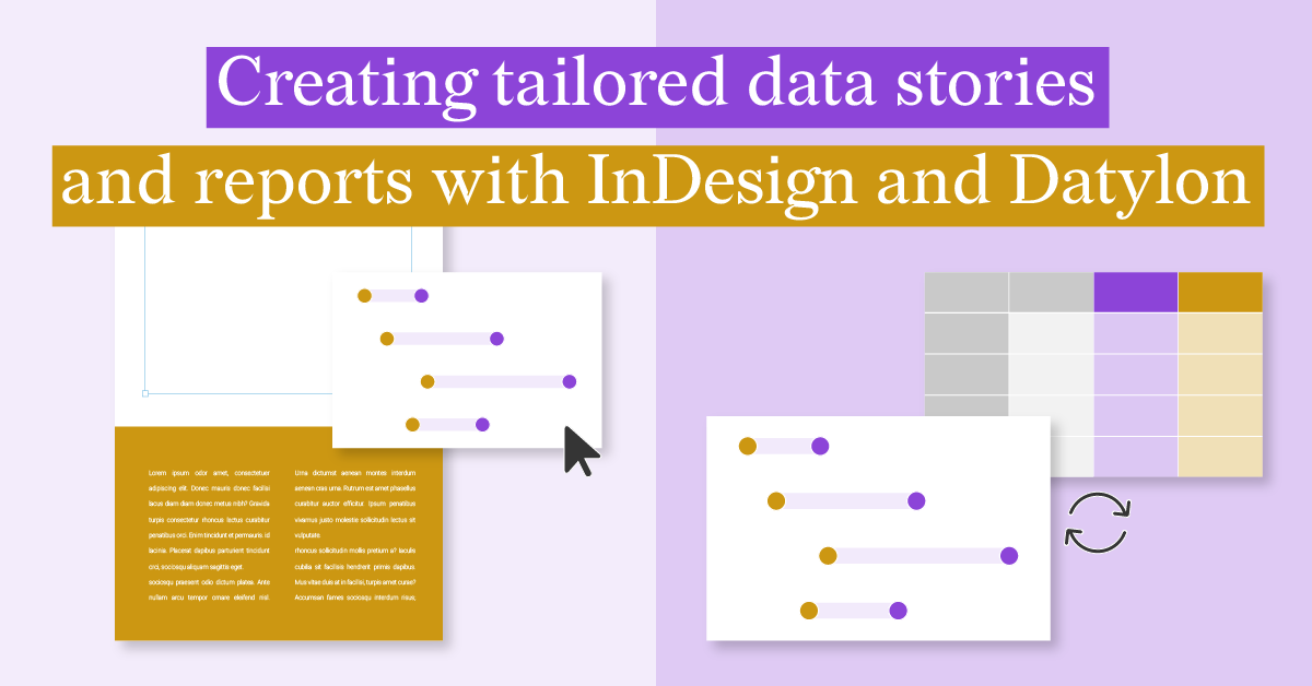 The image features a purple and orange color scheme. The image is divided into two parts, left shows adding a chart to a report in Indesign, right shows updating data in Datylon.