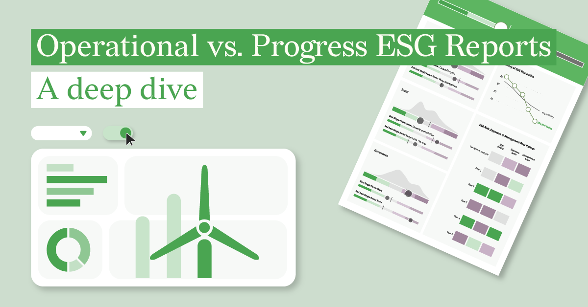 This image shows an operational ESG report on the left and a progress ESG report on the right, all in green colors to reflect sustainability.