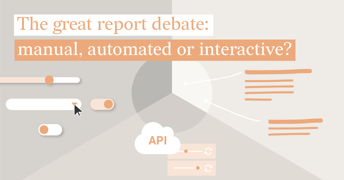 The image features a beige, orange and white color scheme. The image is divided into three parts, each representing manual, automated and interactive reporting.