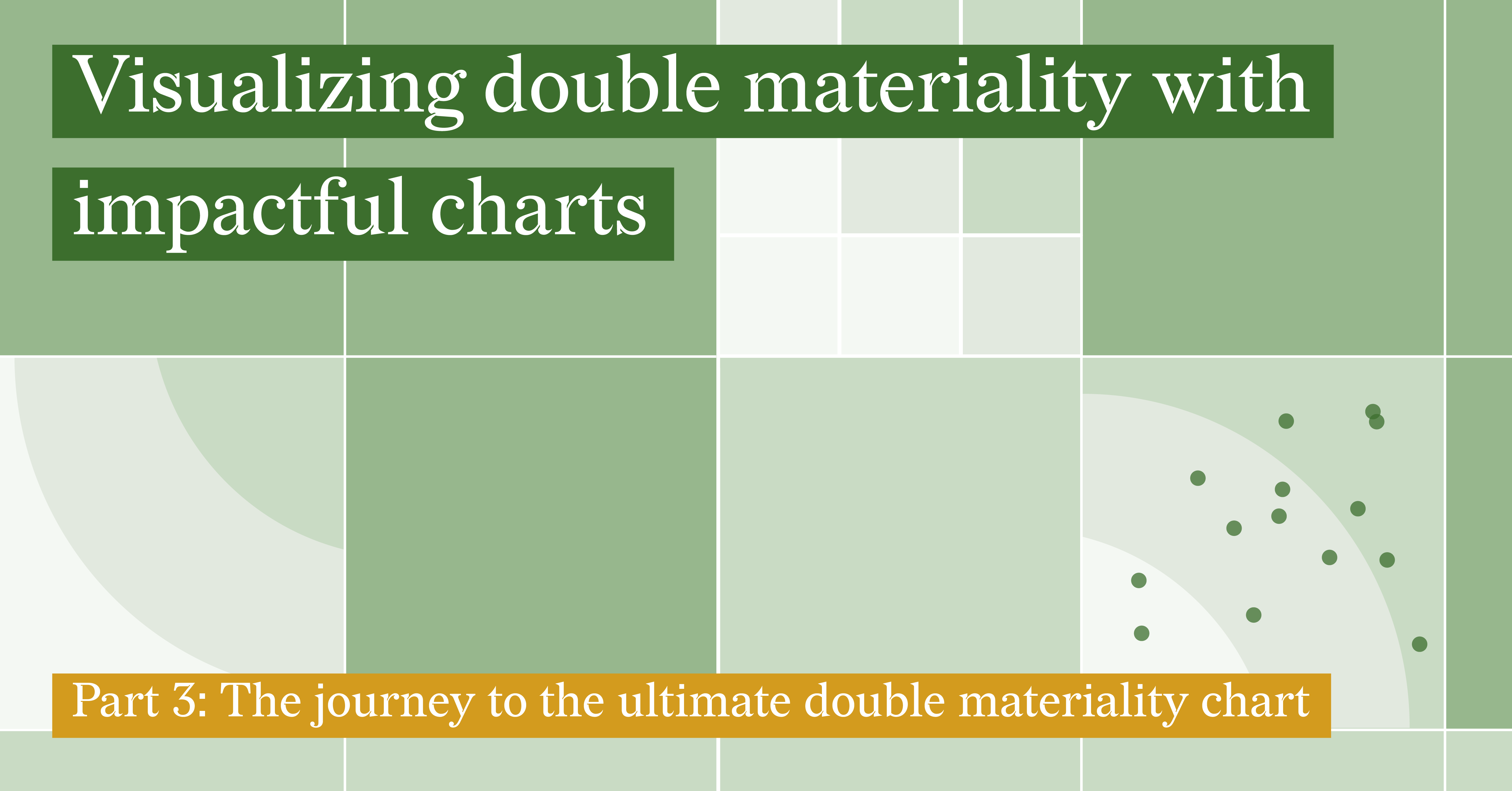 Abstract visual representing different types of double materiality chart options. The design features a grid layout with three distinct blocks: a matrix, linear zones, and organic zones with a scatter plot. The background consists of varying shades of green and white.