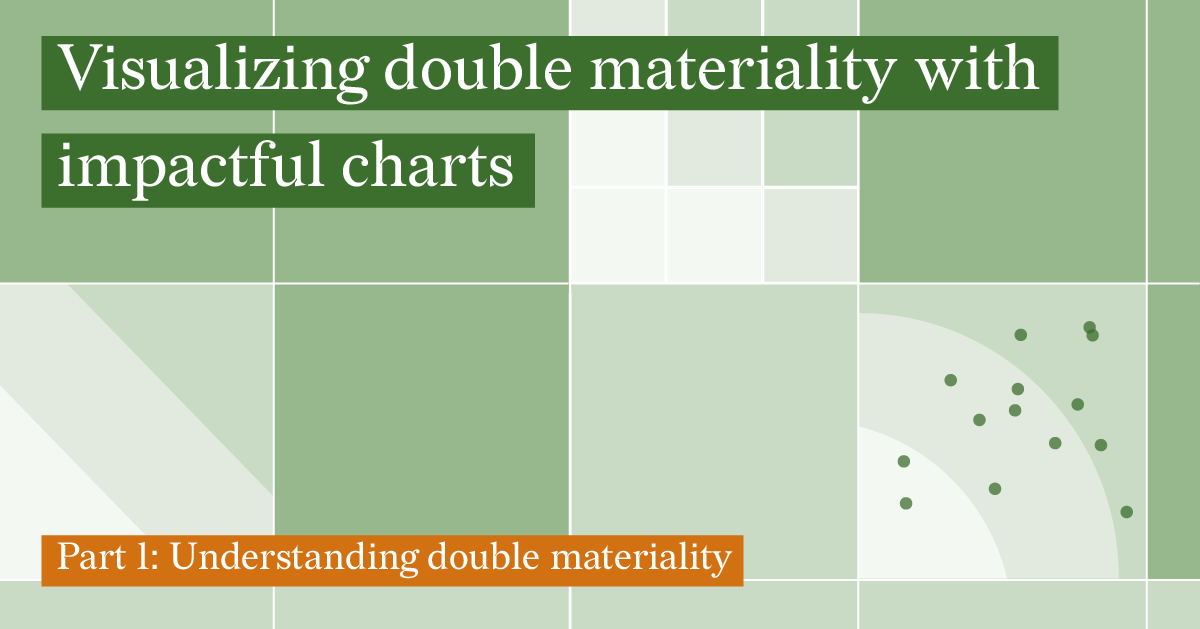 Abstract visual representing different types of double materiality chart options. The design features a grid layout with three distinct blocks: a matrix, linear zones, and organic zones with a scatter plot. The background consists of varying shades of green and white.